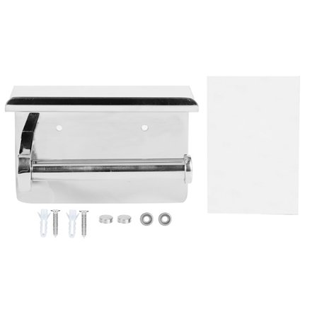 Ruostumattomasta teräksestä valmistettu seinälle kiinnitettävä WC-paperiteline, jossa on matkapuhelimen säilytyshylly