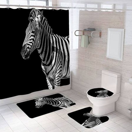 Heste Bruseforhængssæt 4 Dele Badeværelsessæt (stil 14), Sort Hest Dyr Vandafvisende Bruseforhæng