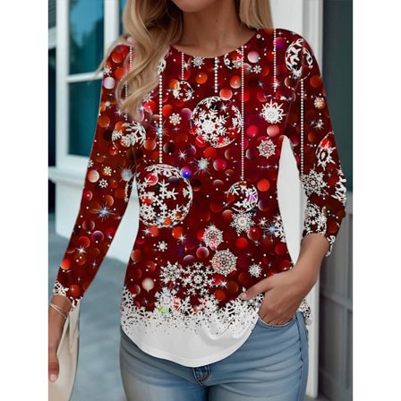 Uusi naisten T-paita joulukuusiprintillä, pitkähihaiset rennot topit, muodikas pyöreä pääntie, normaali istuvuus, Y2K-vaatteet tytöille