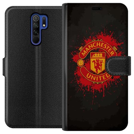 Kompatibelt Lommeboketui til Xiaomi Xiaomi Redmi 9 Manchester United logo i rød og gul farge med røff sportslig bakgrunn