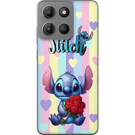 Kompatibel Mobilcover til Motorola Moto G15 Romantisk illustration af Stitch der holder røde roser mod stribet baggrund