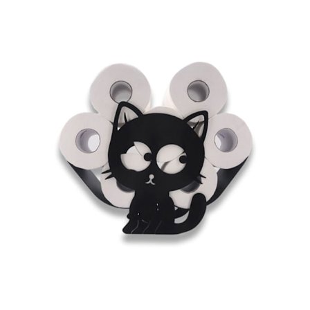 Svart toalettrullehållare i metall på ben i form av en katt