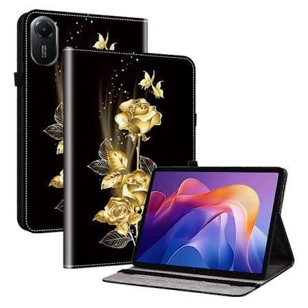 Läderfodral för Xiaomi Redmi Pad 2, mönstertryckt stativ, surfplattafodral med kortfack, guld fjäril ros