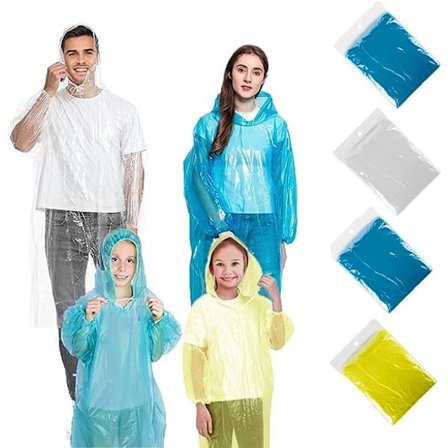 4 stk. engangsregnponcho, vandtæt poncho til voksne og børn, tyk nødponcho, gennemsigtig, let regnfrakke med hætte og ærmer