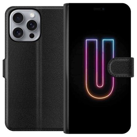 Yhteensopiva Lompakkokotelo Apple Apple iPhone 16 Pro Max Minimaalinen neonkirjain U kirkkaalla valaistustehosteella mustaa taustaa vasten