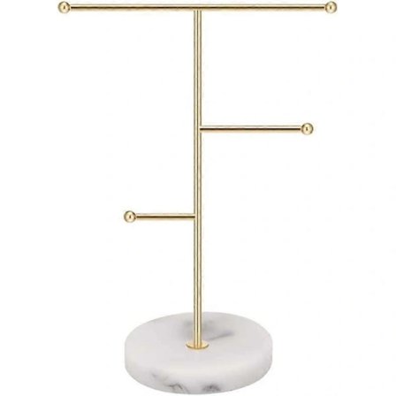 Smykkeorganisator, Metall T-Bar Halskjede Displaystativ Øredobber Holder for Hjemmet, Hengende Stativ med Marmormønstret Rund Brett for Armbånd R...