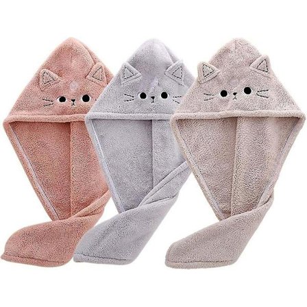 3-pak kattehår-tørrehåndklæder, mikrofiberhåndklæde til hår, superabsorberende hurtigtørrende hårturban