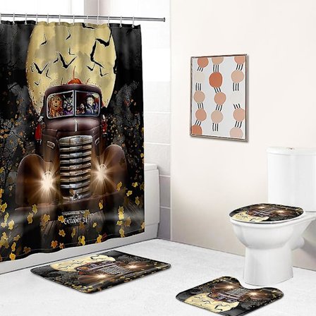 Halloween badrum duschdraperi set, Halloween 4-delad badrum set med halkfria mattor, toalettlock, badmatta, duschdraperi (skräckbil), Al