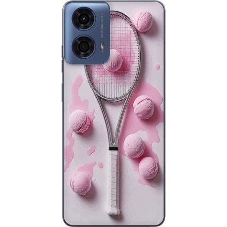 Kompatibel Mobilcover til Motorola Motorola Moto G24 Rosa glaskugler og tennisketsjer i et kreativt stillbillede med legende popfølelse og moderne de