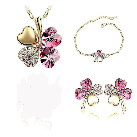 Smyckeset med fyrklöver - Halsband med fyrklöver + armband med fyrklöver + örhängen med fyrklöver 18k guldpläterade set med lyckoklöver för kvinnor, 