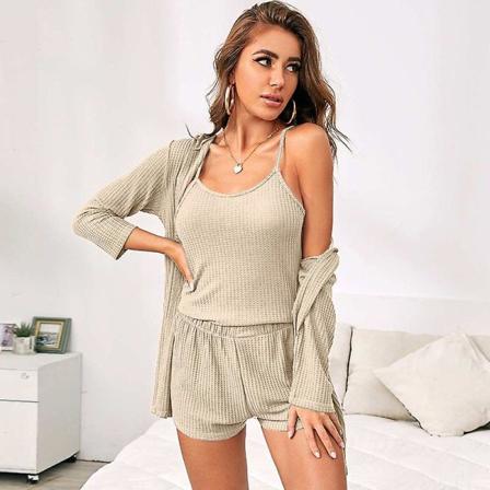 Pyjamasset för kvinnor 3-delat set Ribbstickad Cami-topp och shorts Mjuka nattkläder med Robe Cardigan beige L