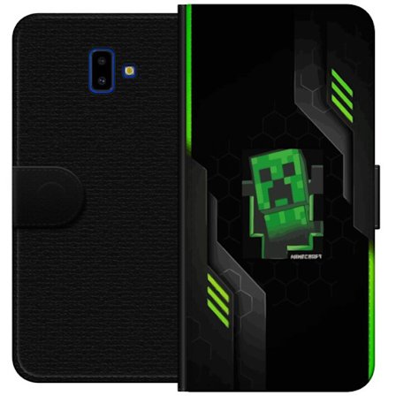 Yhteensopiva Lompakkokotelo Samsung Samsung Galaxy J6+ Vihreä pikselipohjainen peli-esitys, jossa on futuristisia neon-elementtejä ja tumma tech-tau
