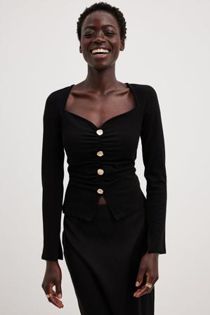 NA-KD Haut boutonné sur le devant à manches longues - Hauts froncés - Noir - Small