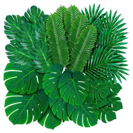 Paket med 108 konstgjorda tropiska palmblad Monstera-6 typ konstgjorda gröna palmblad med stjälkar för Hawaiian Luau-fest