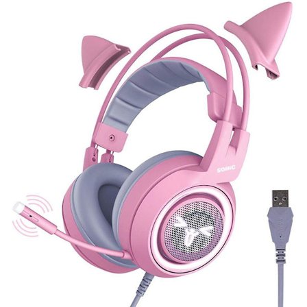 Rosa spelheadset för PC, PS4, bärbar dator: 7.1 virtuellt surroundljud avtagbara kattöron hörlurar LED, USB, lätta självanpassande over-ear-hörlurar