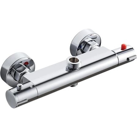 Termostatisk blandingsbatteri til bruser, 2 udtag, høj og lav, skoldningsbeskyttelse, blandingsbatteri i forkromet messing til badeværelse og badekar.