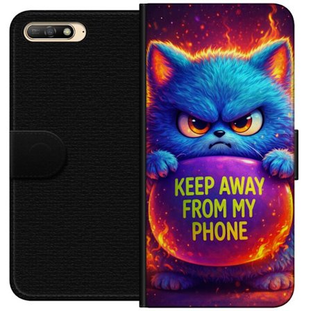 Kompatibelt Lommeboketui til Huawei Huawei Y6 (2018) Sinna lodne blå katt med teksten "Hold deg unna telefonen min" i neonfarger og ildlignende effek
