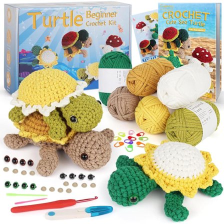 Hæklenålssæt til Begyndere, Solsikke-Skildpadde Hæklenålssæt til Voksne, Komplett Hæklenålssæt med Instruktioner
