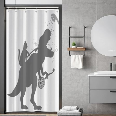 Sjov Bruseforhæng 90x180, Kat Hjælper Dinosaur Badeværelse Bruseforhæng Børn Dreng Silhuet Skygge Sort Hvid Vandafvisende Badeforhæng Polyesterstof