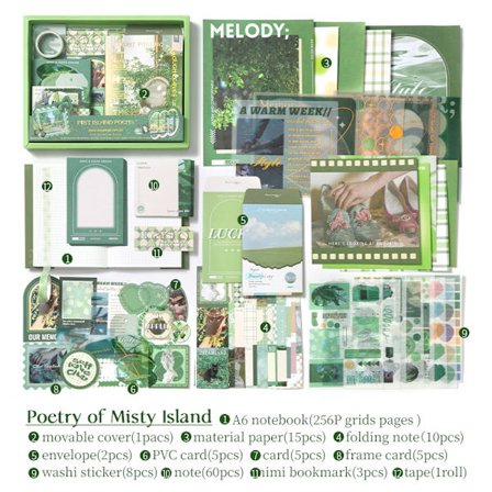 Anteckningsbok - Estetiskt Scrapbook-kit, med A6 rutad anteckningsbok, washi-papper och klistermärken (Melody)