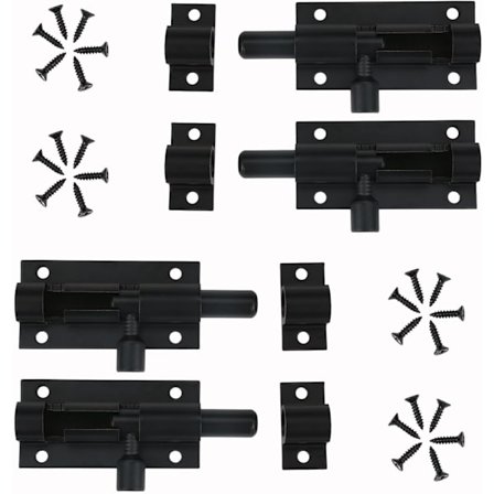 4 stk. dørbeslag sorte, små, skydelås, låsebolt, sort, skydelås til døre, bolt lås, lille dørbeslag, sikkerhedsdørbeslag med skruer
