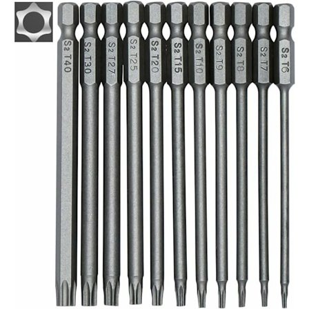 Sett med 11 lange Torx-bits for skrutrekkere og elektriske skrutrekkere - Magnetiske bits - 1/4" sekskantskaft - Størrelser T6 til T40 - Lengde 100 mm