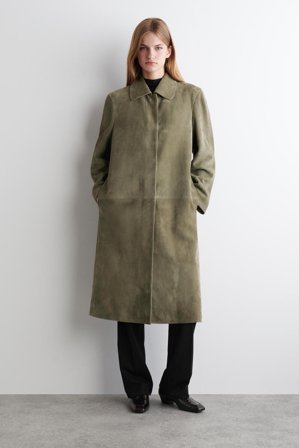 COS Women's Collared Suede Long Coat in Green