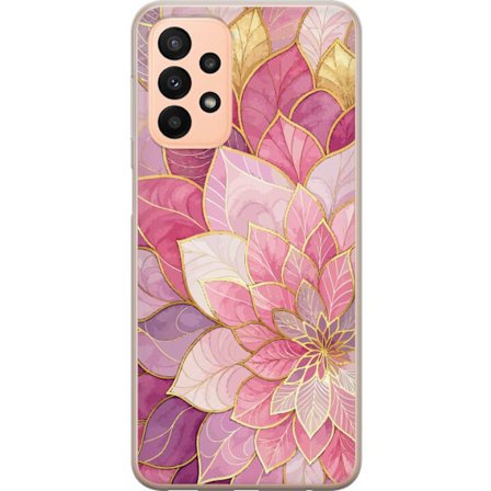 Yhteensopiva Puhelinkuori Samsung Galaxy A23 Roosa ja violetti kukkakuvio kultaisilla yksityiskohdilla - Elegantti mandala-inspiroima kuva-aihe