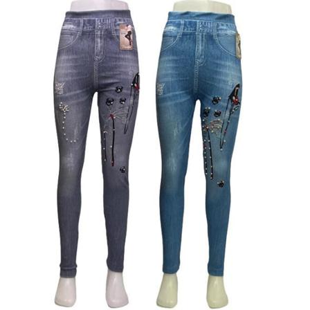 Denim Jeans Med Mönster Och Pärlor Leggings Black One Size