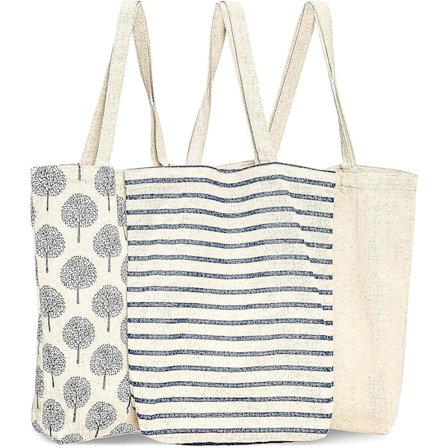 3-pakning Gjenbrukbare Handlenett i Bomull, 3 Design, 38 x 42 x 9 cm