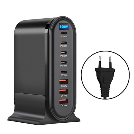 8-Port USB C-laddare 600W Snabbladdningsstation för telefoner och bärbara datorer
