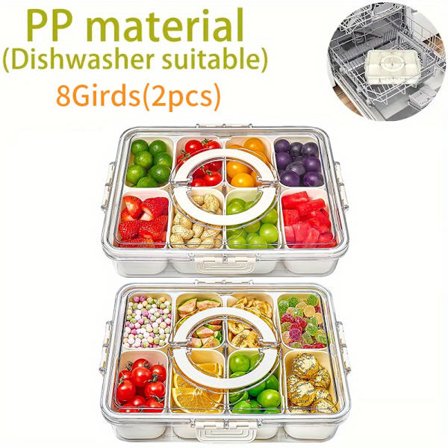 Klar 8-rums snackbeholder med låg og håndtag, BPA-fri, lækagesikker, tåler opvaskemaskine