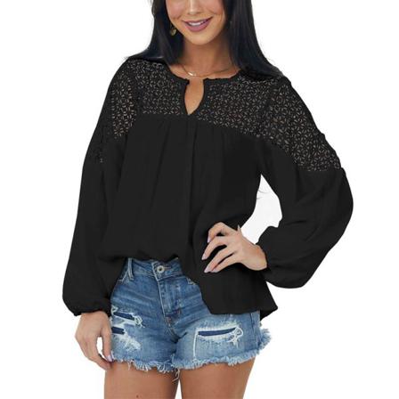 Dam V-hals Enfärgad Baggy Long Sleeve Puff Sleeves Pullover