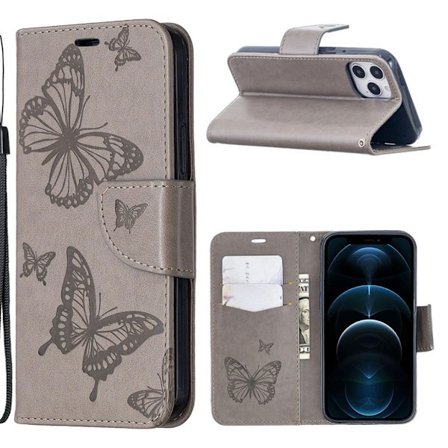 Butterfly läder iPhone 12 Pro / iPhone 12 fodral - Silver/Grå