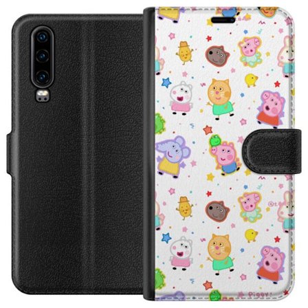 Kompatibel Tegnebogsetui til Huawei P30 Farverige tegneserie dyrekarakterer i en legende stil med stjerner og prikker på en lys baggrund