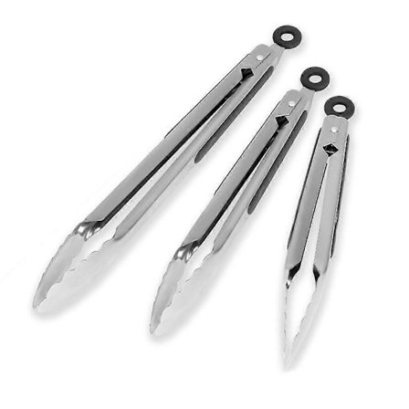 Køkkentænger i rustfrit stål til madlavning, grill - Sæt med 3 låsbare madtænger i metal