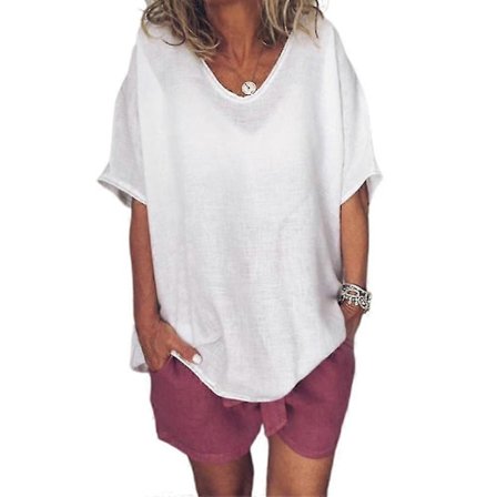 Dame Oversize Tunika Sommer Casual Baggy Bluse T-shirt Halværmet Toppe Plus Størrelse Hvid M
