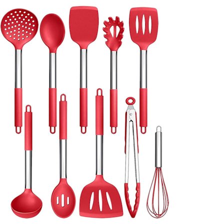 10-osainen keittiövälinesetti telineellä, silikoniset keittiötyökalut ruostumattomasta teräksestä valmistetulla kahvalla, reikäkauha lusikka lasta 