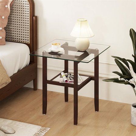 Sidobord med glasskiva och underhylla i brun träfinish