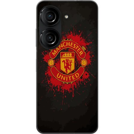 Kompatibelt Mobildeksel til Asus Asus Zenfone 10 Manchester United logo i rød og gul farge med røff sportslig bakgrunn