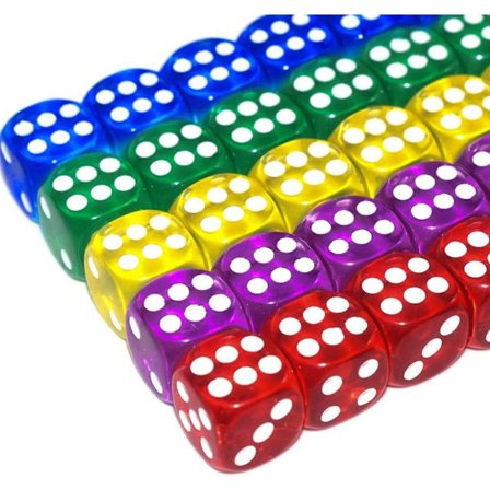 Paket med 50 16 mm färgglada genomskinliga tärningar med 6 sidor 5 färger