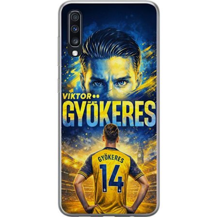 Kompatibelt Mobildeksel til Samsung Samsung Galaxy A70 Viktor Gyökeres fotballplakat i gult og blått med dramatisk stadionbakgrunn, sportillustrasjo