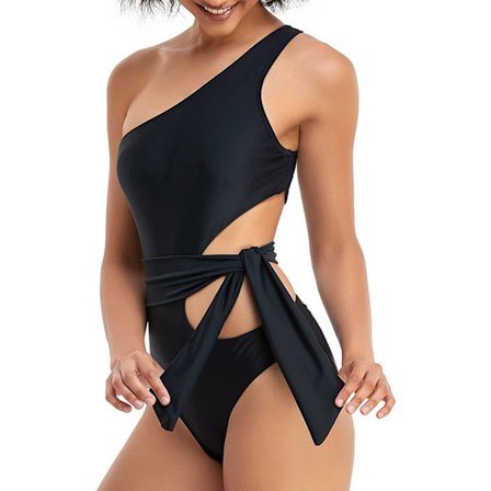 Dam baddräkt i ett stycke, baddräkt med en axel, baddräkt med snörning i sidan, med dubbelriktad stretchfunktion (svart, M)