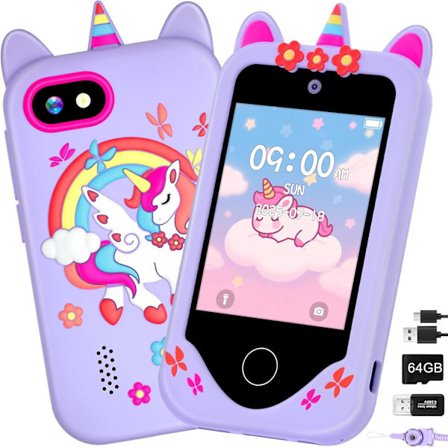 2025 Siste Modell Smarttelefon for Barn, Touchscreen, 64GB Kort Bursdagsgaver til Jenter Alder 3, 4, 5, 6, 7, 8, 10 År, Småbarn E