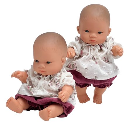 Ubranko dla Miniland 21 cm, tunika w różyczki i malinowe bloomersy, zestaw