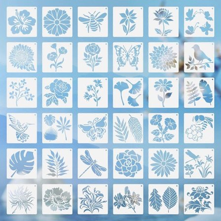 36 stk. sjablonger for maling av blomster, planter, fugler og bier, tegnesjablonger for håndverk, treveggdekor