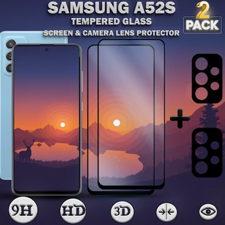 2-Pack SAMSUNG A52S Skærmbeskyttelse & 2-Pack linsebeskyttelse - Hærdet Glas 9H - Super kvalitet 3D
