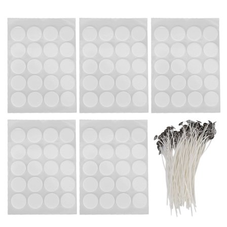 100 stk. rene bomullsveker for lys, stabile og praktiske med dobbeltsidige klistremerker for DIY-håndverk