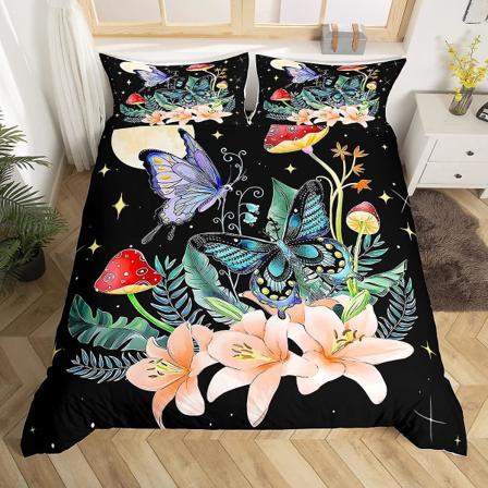 Kukat Moth Butterfly King Queen Cover Trippy Mushroom vuodevaatteet set Moon Starry Sky Cover Cover
