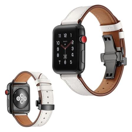 Apple Watch Series 5 40mm holdbar ægte læder Urrem - Sort Spænde / Hvid White